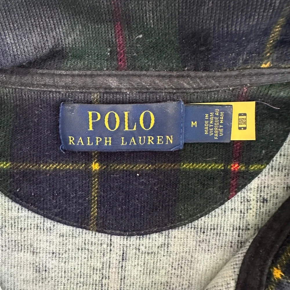 Polo Ralph Lauren Mens Green Tartan Plaid Quarter Zip Sweater Size M Cotton